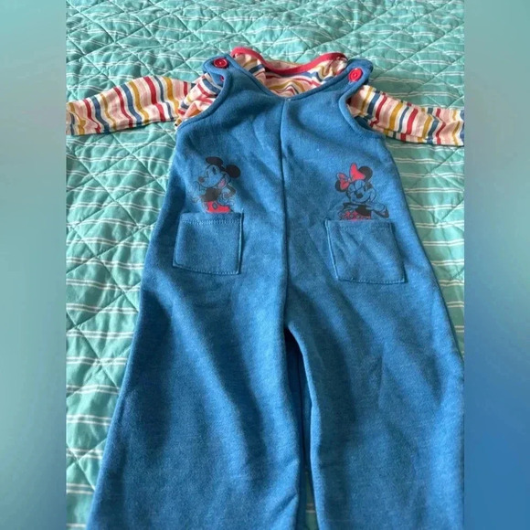 Disney Junior Minnie Girl 12 m Overalls 2 pc Blue with striped long Sleeve top - Picture 1 of 11